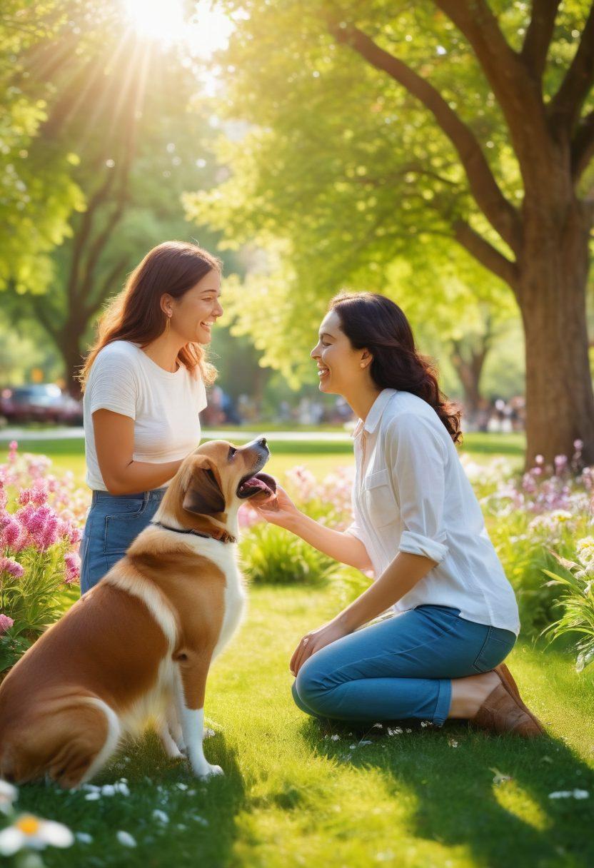 A heartwarming scene showing pet owners joyfully interacting with their pets in a vibrant park setting. Include diverse individuals of different backgrounds laughing and playing with dogs and cats, surrounded by blooming flowers and cheerful greenery. Capture the essence of love and connection between humans and animals, with warm sunlight filtering through the trees. super-realistic. vibrant colors. soft focus.