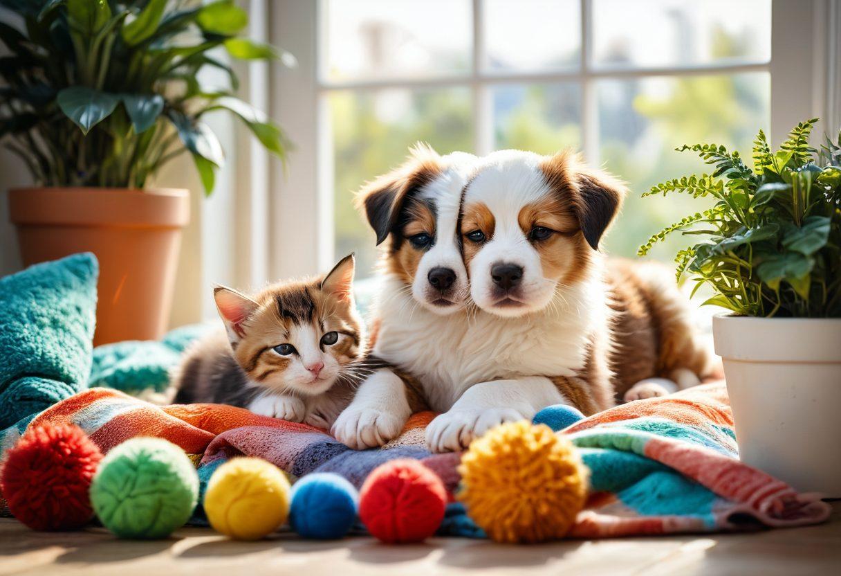 A heartwarming scene of a playful puppy and a sleepy kitten cuddling together on a cozy blanket, surrounded by colorful toys and soft pillows, with soft sunlight streaming in through a window, creating a warm and inviting atmosphere. The background features plants in vibrant pots and a whimsical touch of paw prints trailing across the floor. super-realistic. vibrant colors. soft lighting.