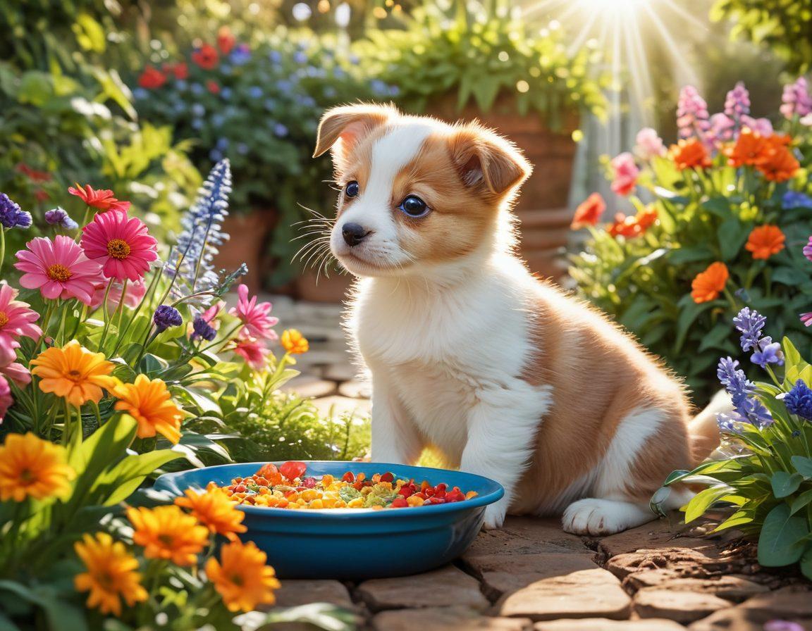 A heartwarming scene featuring a playful puppy and a curious kitten in a sunlit garden surrounded by vibrant flowers. The animals are engaging with each other, showcasing their bond, while a bowl of fresh water and some healthy pet food can be seen nearby. Soft beams of sunlight filter through the leaves, enhancing the joyful atmosphere. super-realistic. vibrant colors. natural setting.